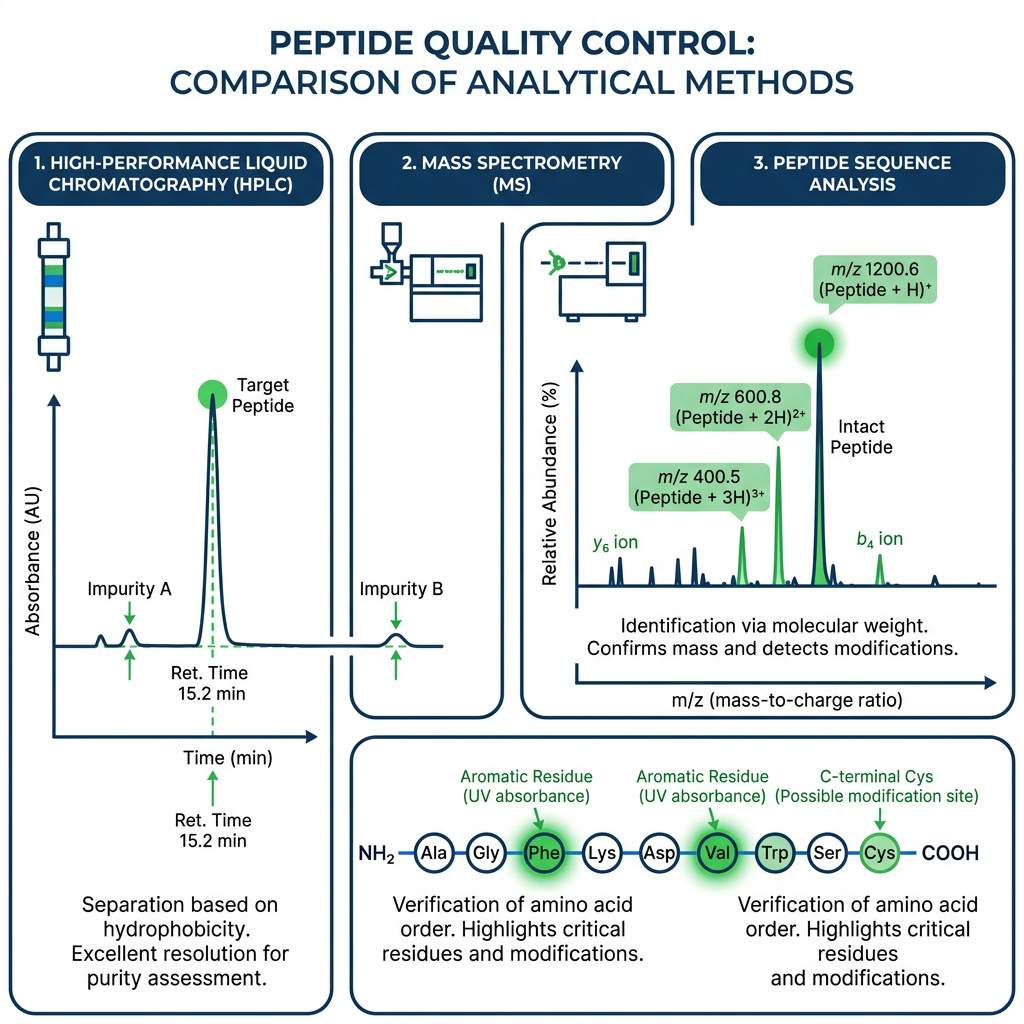 Diagram of HPLC, mass spectrometry, and peptide sequencing for quality analysis.