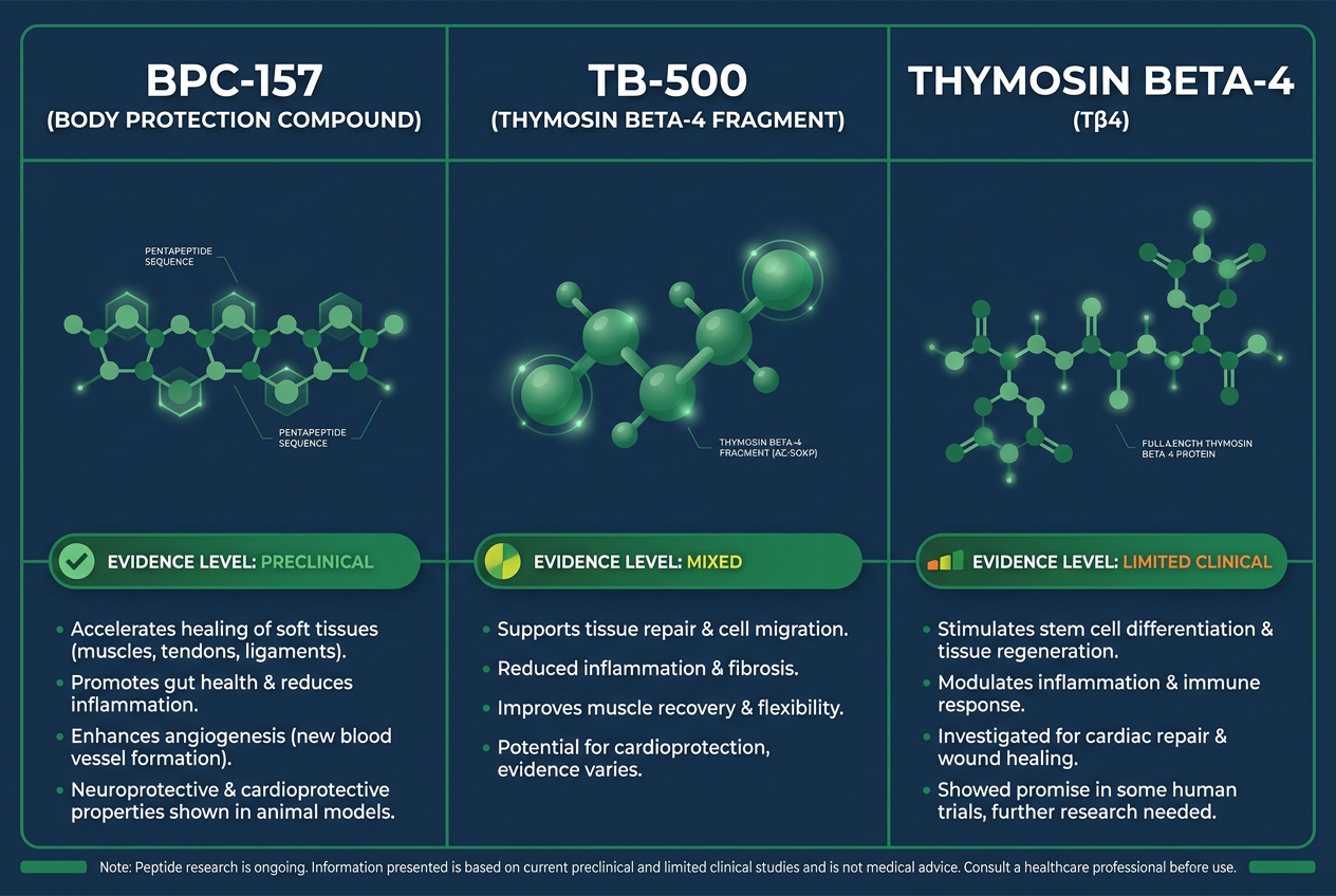Peptides library recovery peptides key takeaways infographic with BPC-157, TB-500, and thymosin beta-4 evidence levels
