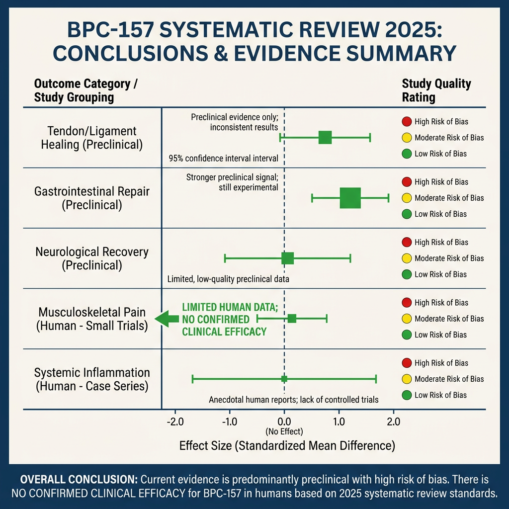 Forest plot infographic summarizing 2025 systematic review conclusions on BPC-157 recovery peptide evidence