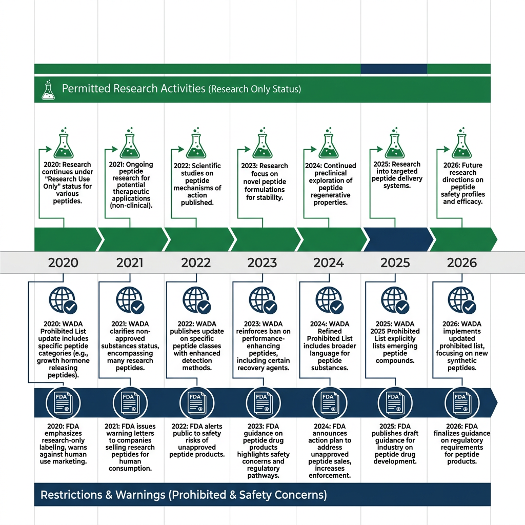 Timeline infographic showing FDA and WADA regulatory context for recovery peptides from 2020 to 2026