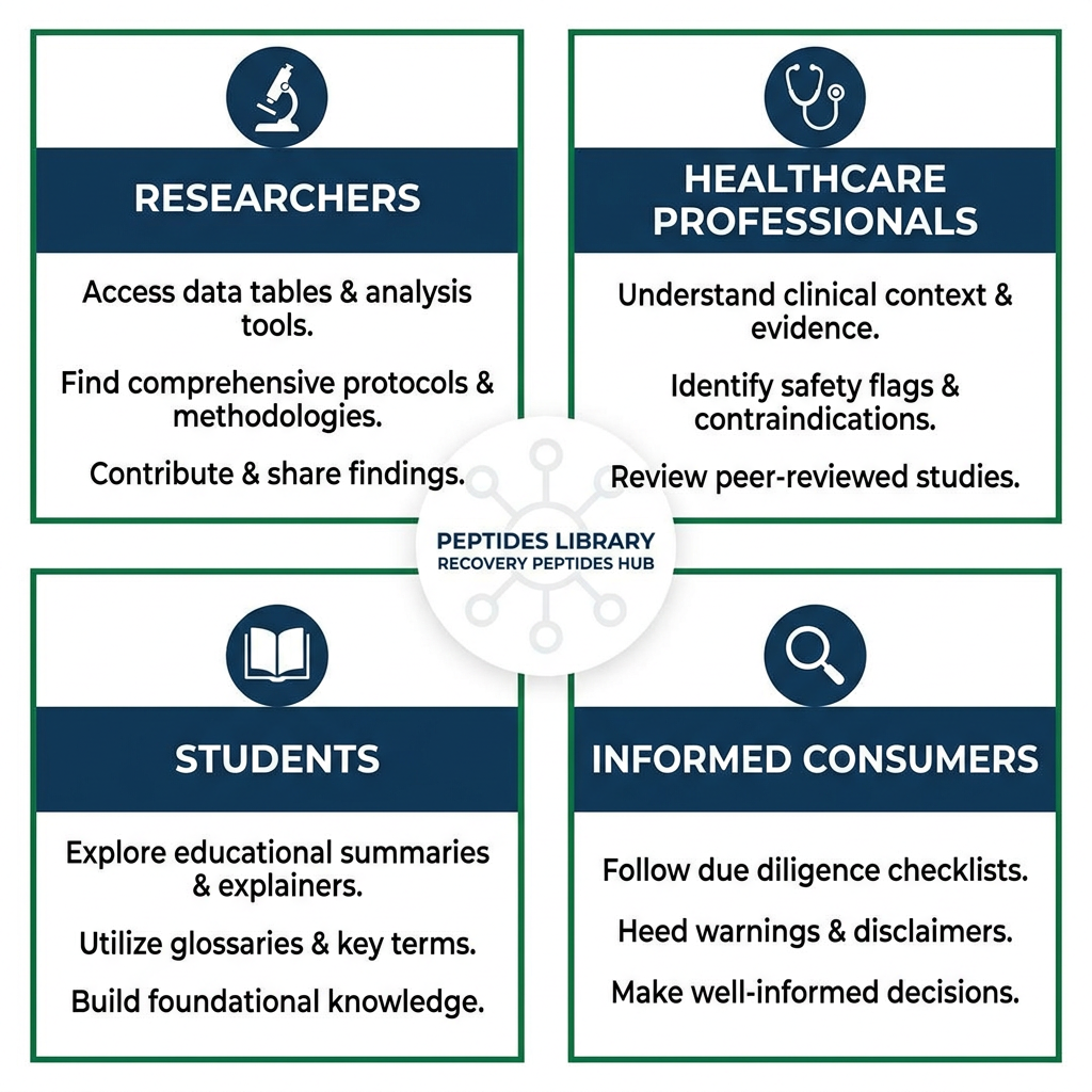Four panel infographic showing audience-specific resources for researchers, clinicians, students, and consumers in peptides library