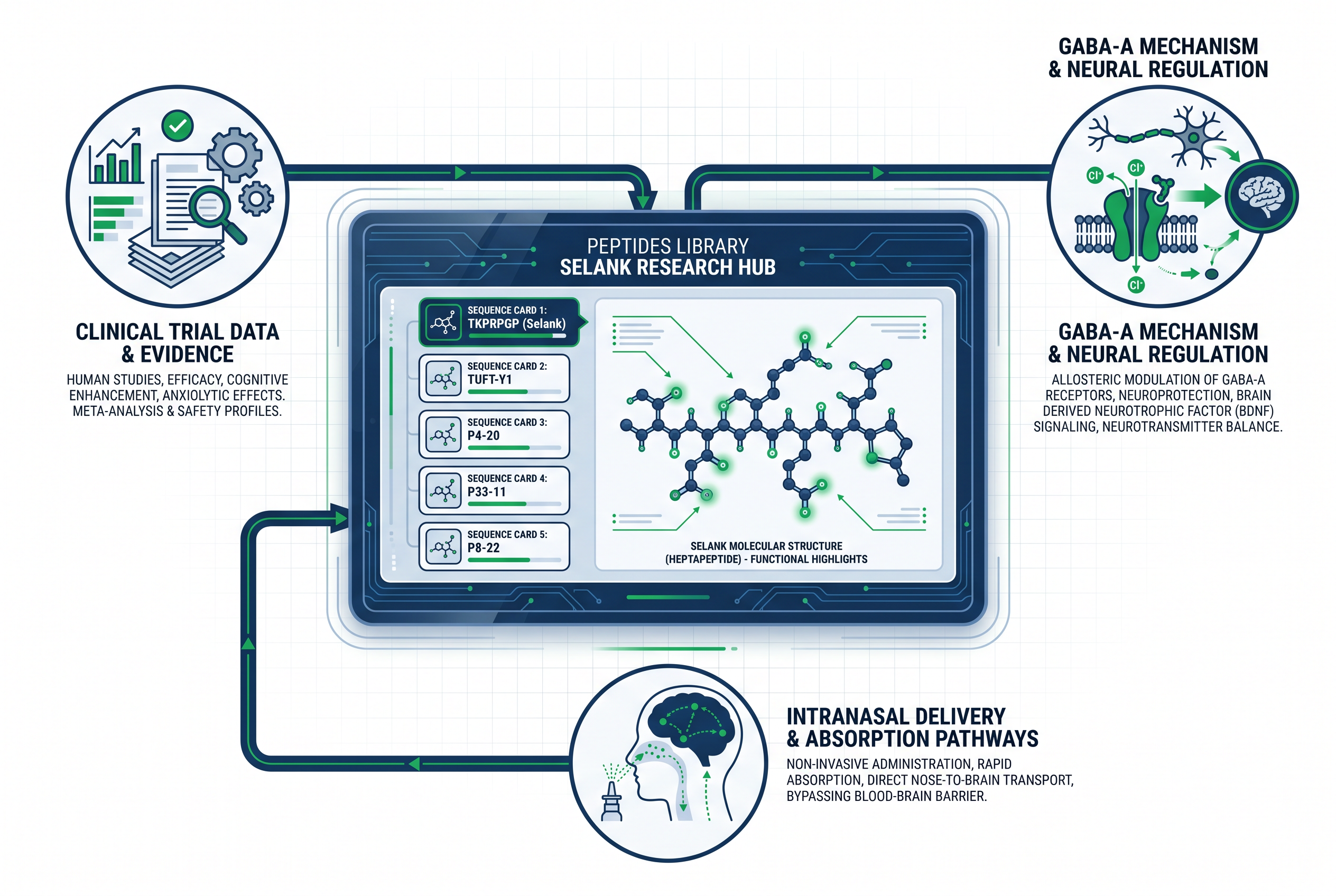 Infographic showing peptides library selank as an organized research hub with Selank molecular data.