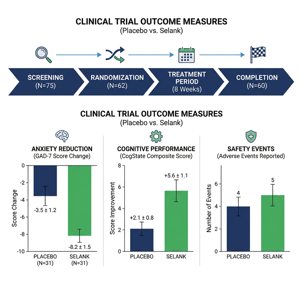 Chart summarizing 62-patient Selank trial outcomes within peptides library selank.