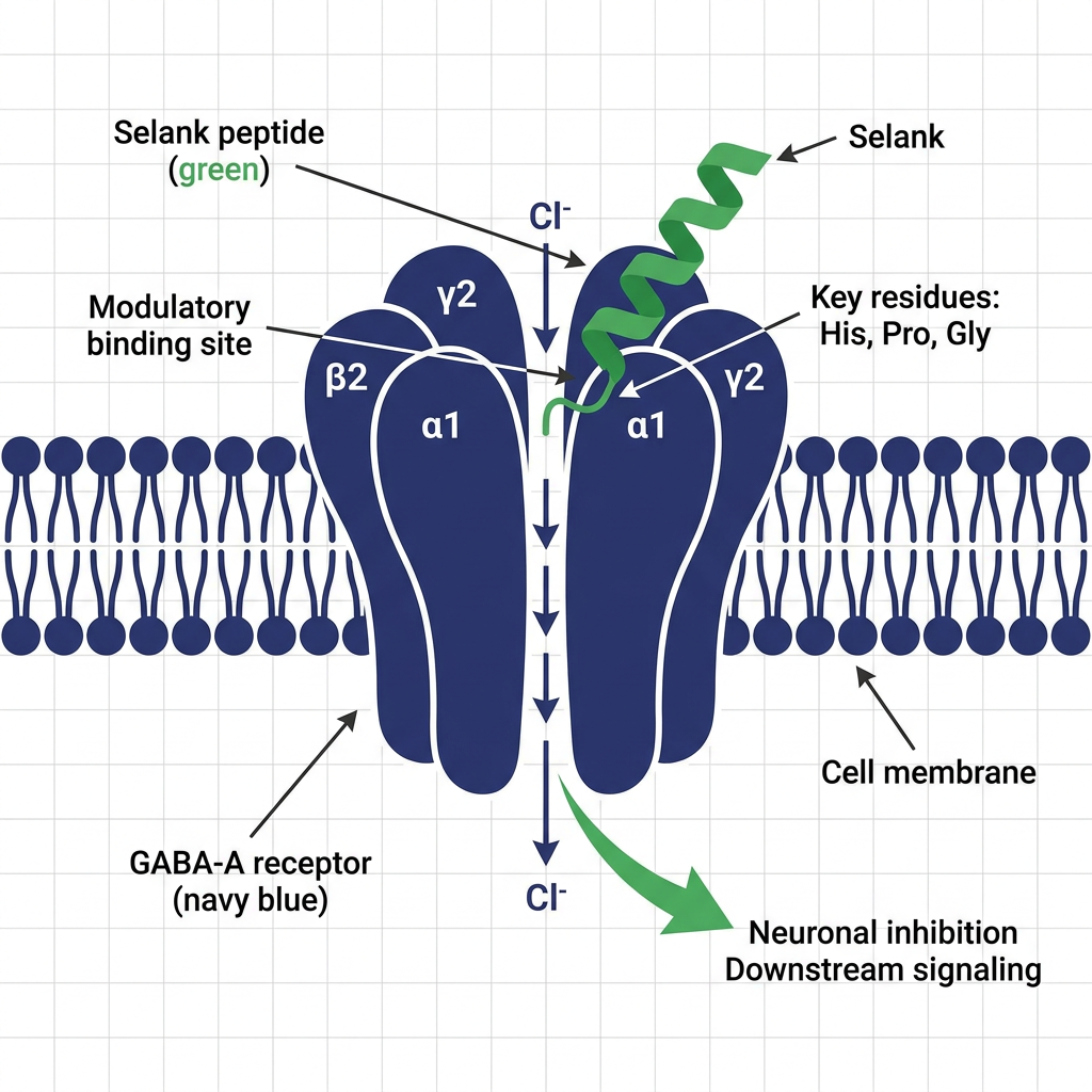 Diagram of GABA-A receptor and Selank mechanism tracked by peptides library selank.