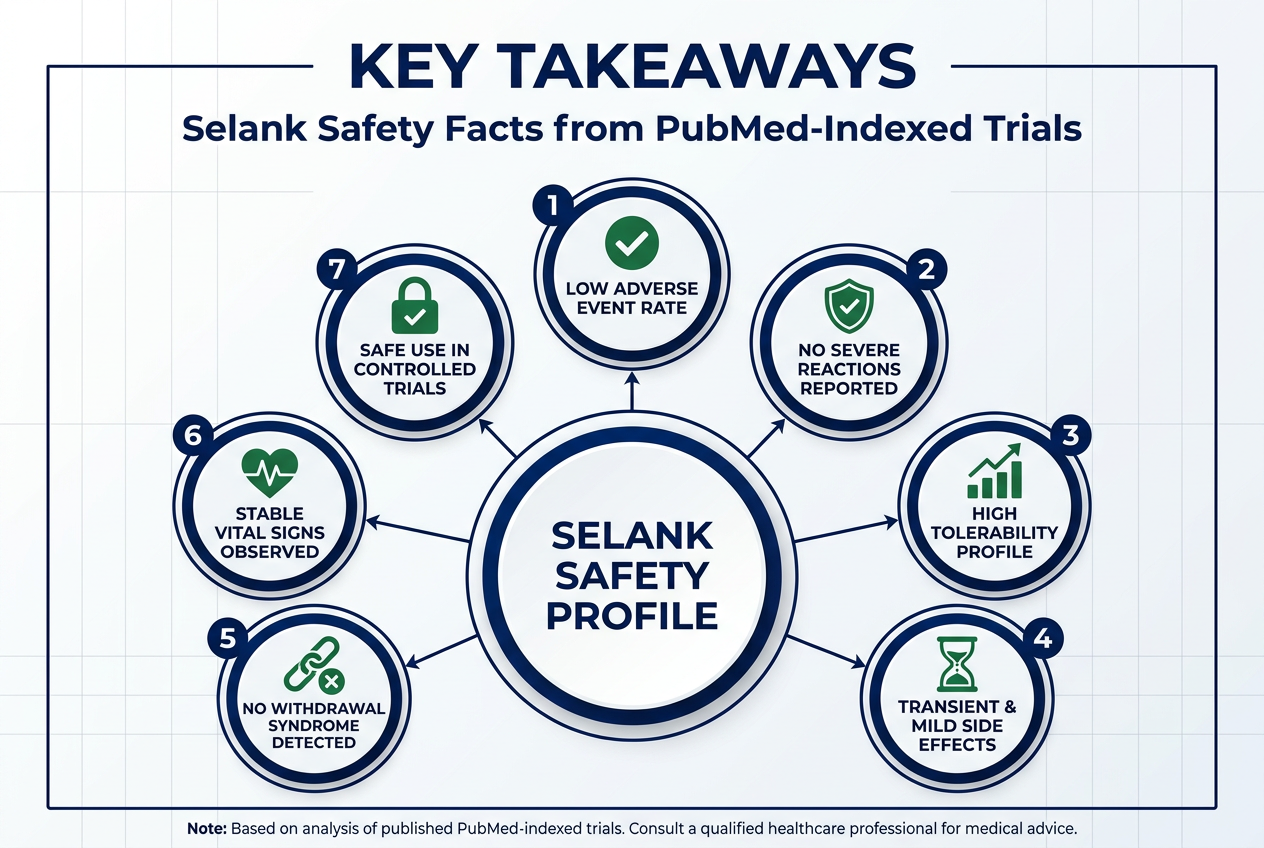 Infographic summarizing key takeaways from the side effects research guide on Selank safety facts.