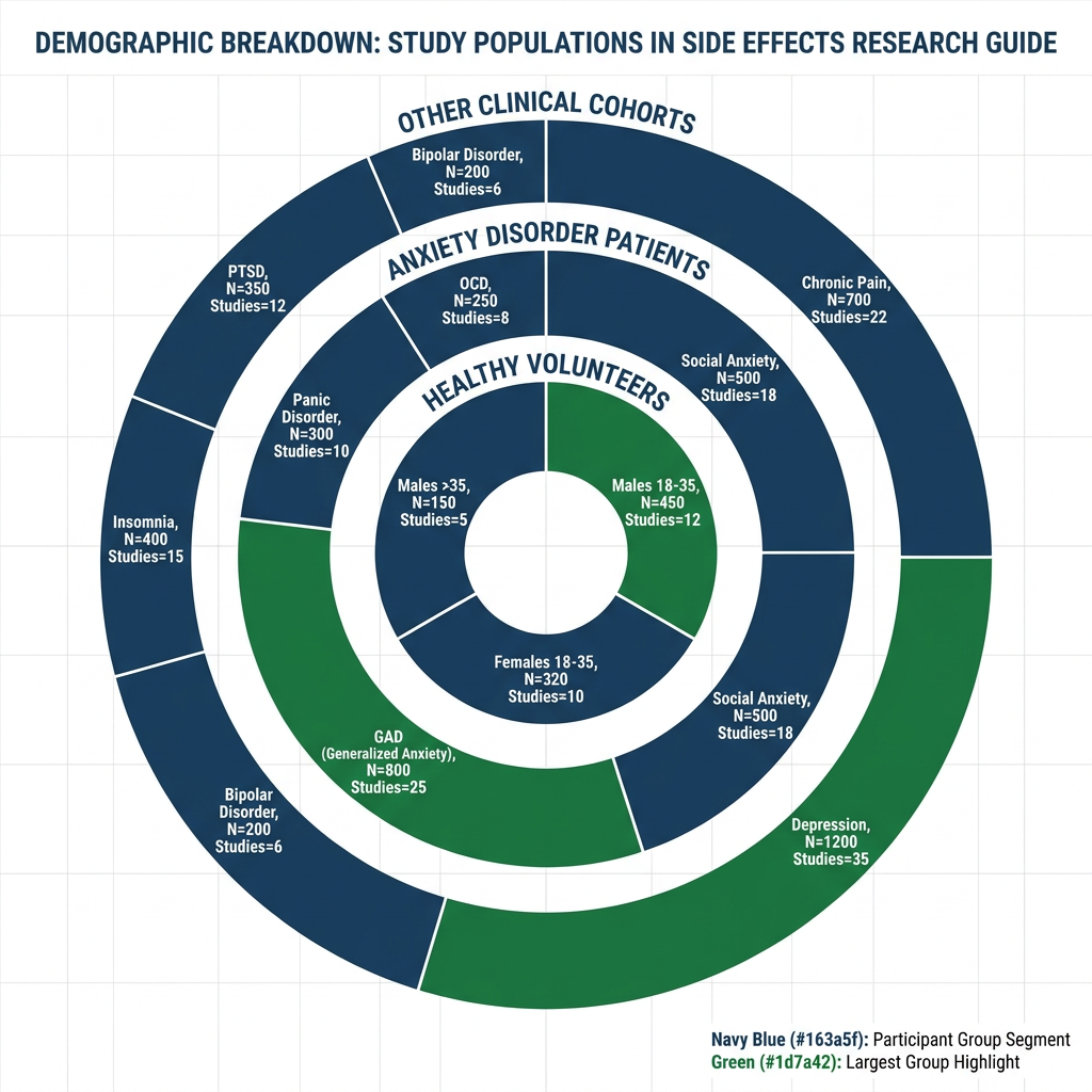 Donut chart infographic showing distribution of study populations in Selank side effects research.