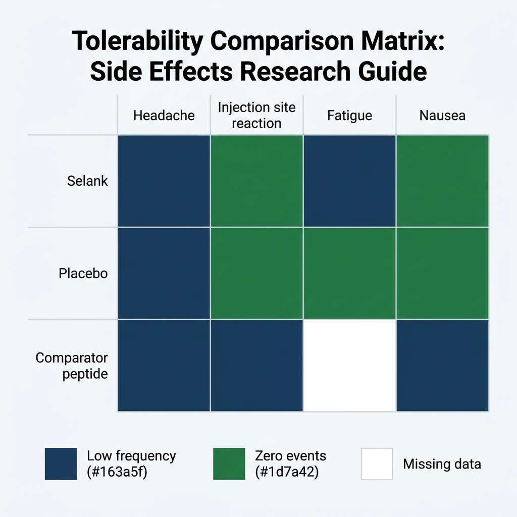 Heatmap comparing tolerability outcomes for Selank, placebo, and comparator peptides from research data.