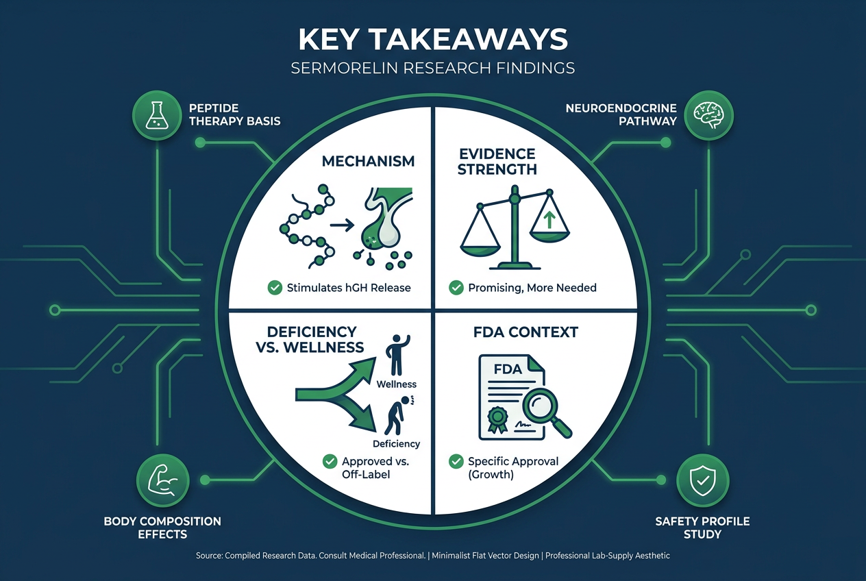 Infographic summary of sermorelin research guide key takeaways