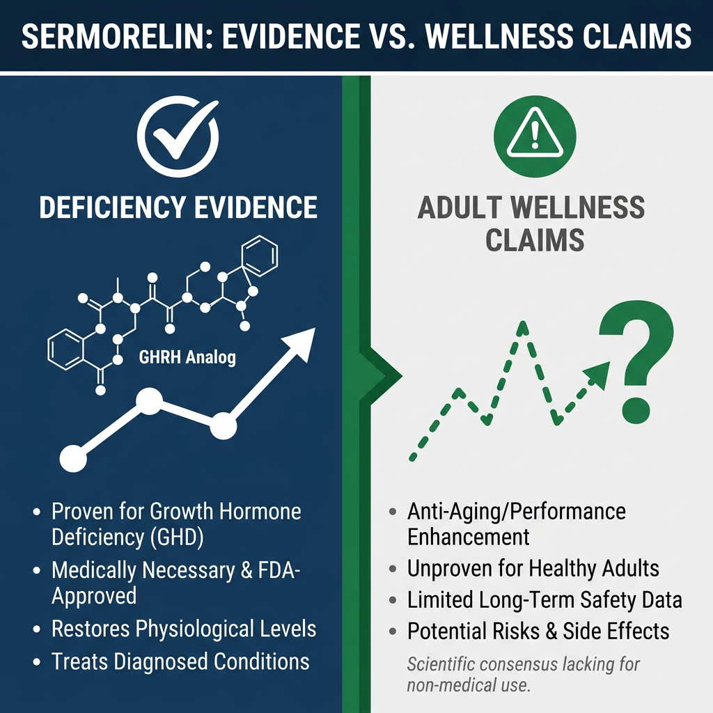 Split comparison infographic of sermorelin deficiency versus wellness claims
