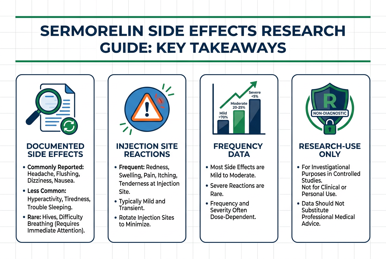 Infographic highlighting four key takeaways from the sermorelin side effects research guide