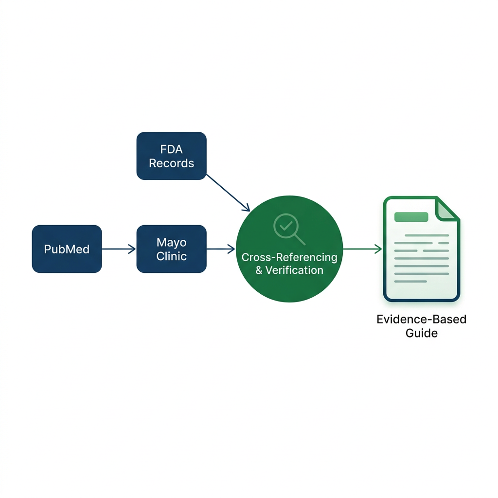 Flowchart showing sources and verification process for sermorelin side effects research