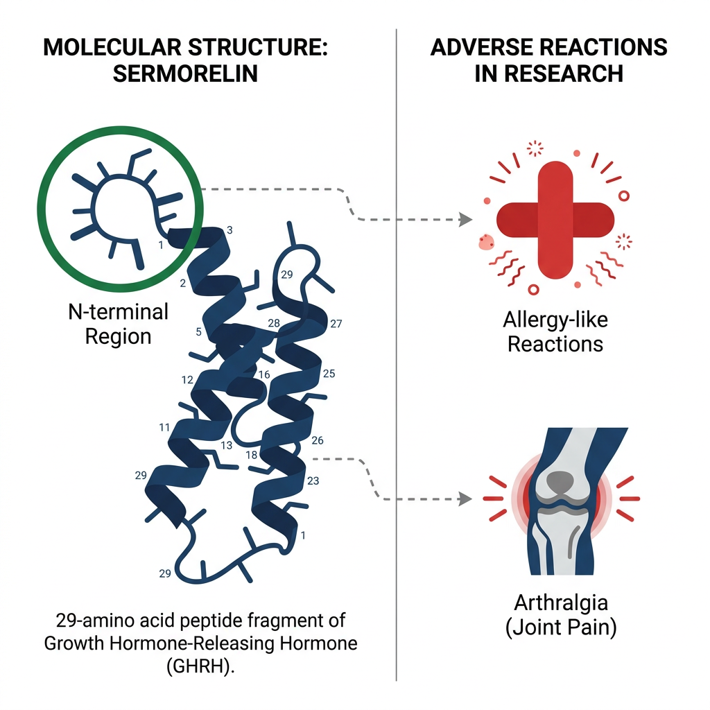 Diagram linking sermorelin molecular structure to allergy and joint pain side effects