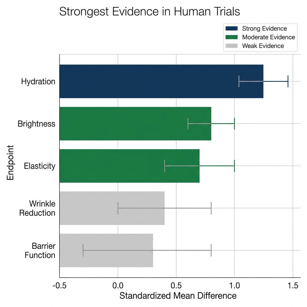 Bar chart comparing evidence strength for hydration, brightness, elasticity, wrinkle reduction, and barrier function from peptide clinical trials.