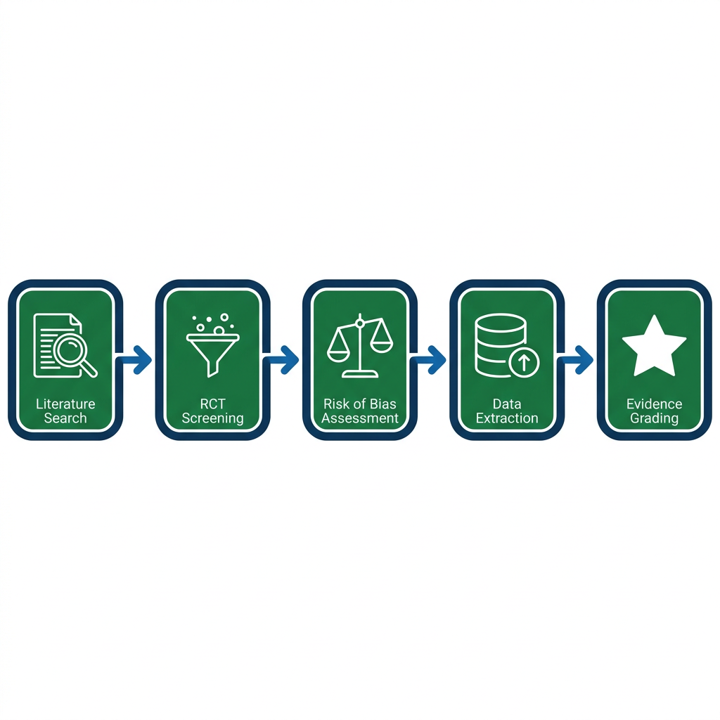 Flow diagram showing five steps: literature search, RCT screening, risk of bias assessment, data extraction, and evidence grading.
