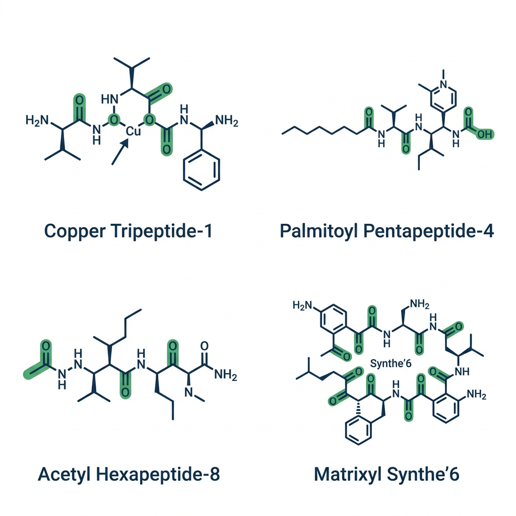 Molecular structure diagrams of four skin peptides including copper tripeptide-1 and palmitoyl pentapeptide-4 with navy and green highlights.