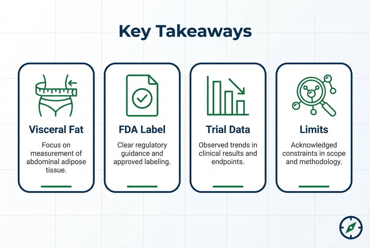 Infographic of peptides library tesamorelin key research outcomes with four icons