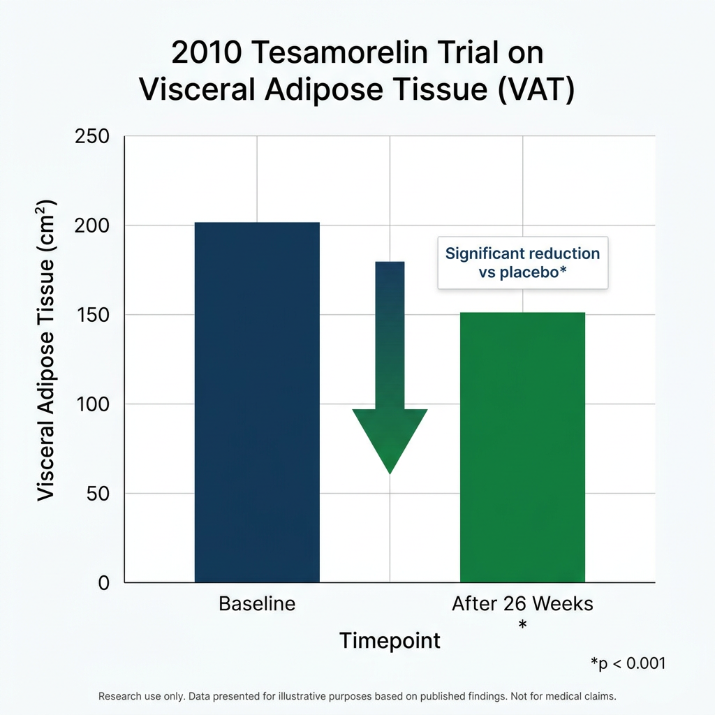 Bar chart comparing visceral adipose tissue before and after tesamorelin treatment in 2010 trial