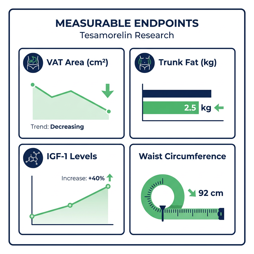 Dashboard infographic of measurable endpoints in tesamorelin research with four metric tiles