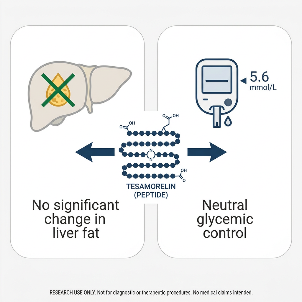 Diagram showing tesamorelin effects on liver fat and glycemic control with neutral outcomes