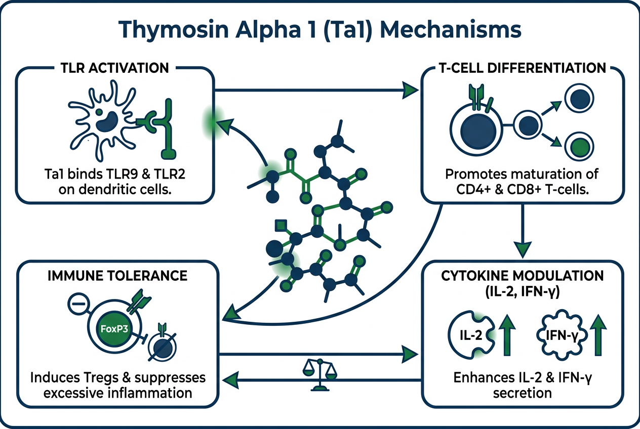 Infographic of peptides library thymosin alpha organized Ta1 mechanisms showing immune pathway nodes and molecular structure