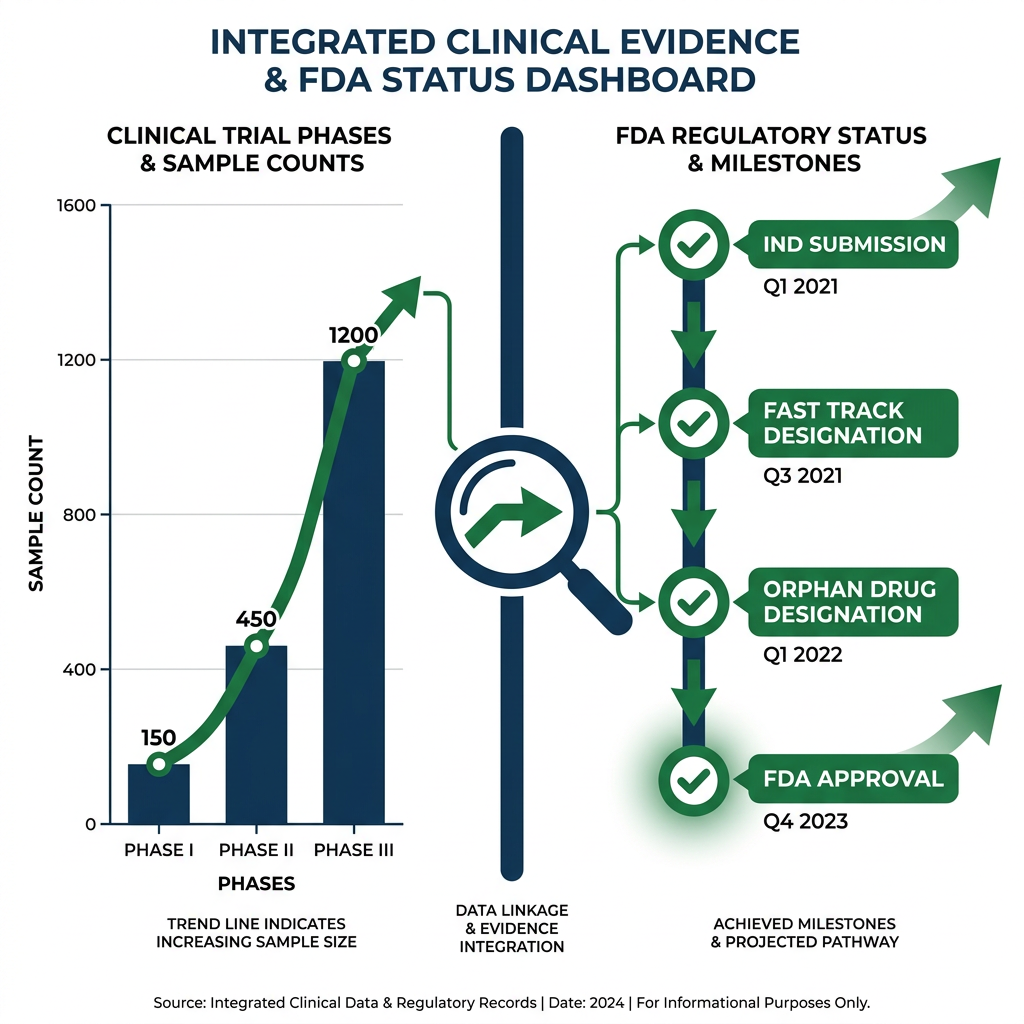 Dashboard infographic showing clinical trial data and FDA status timeline for Thymosin Alpha 1