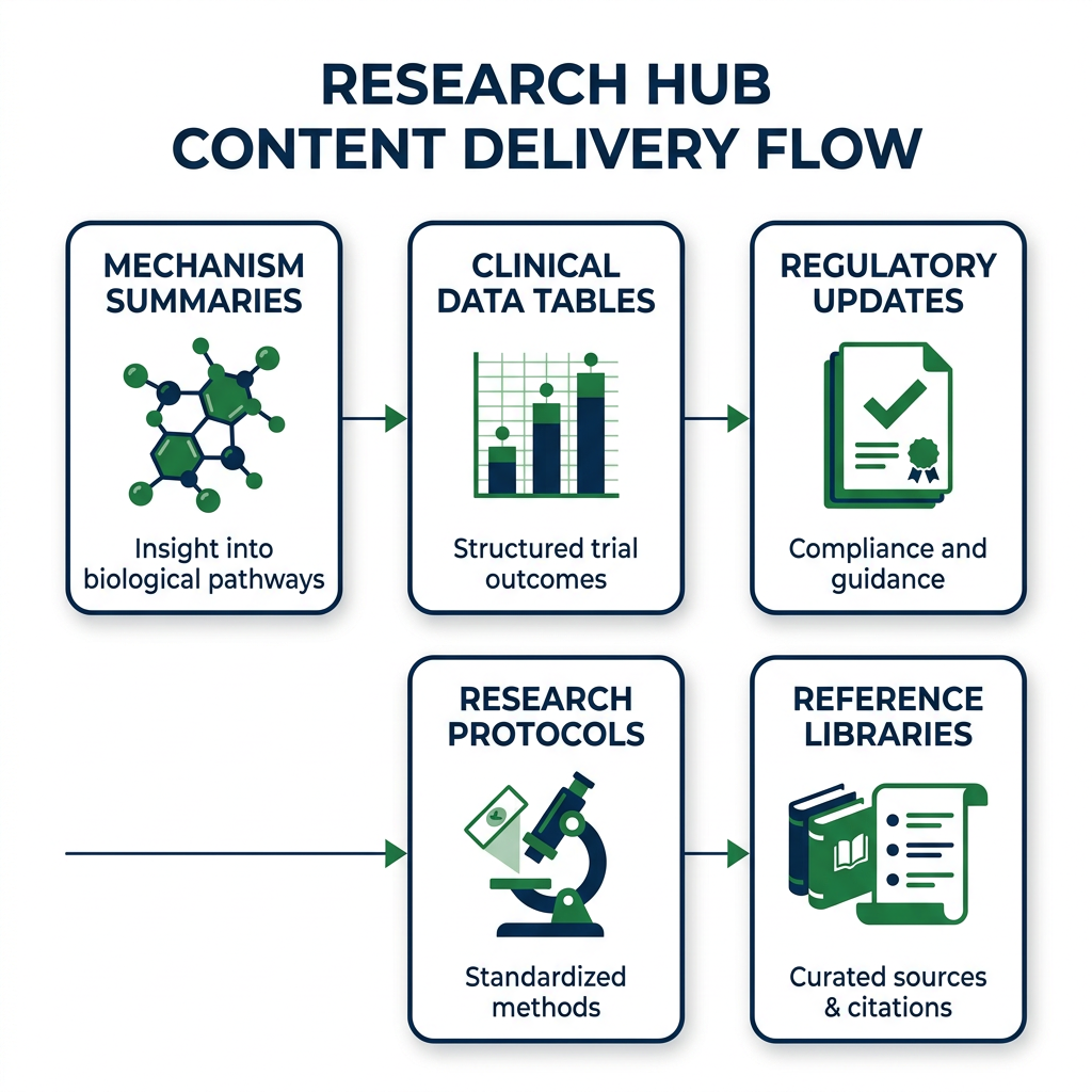 Infographic of content type cards for peptides library thymosin alpha research hub with icons