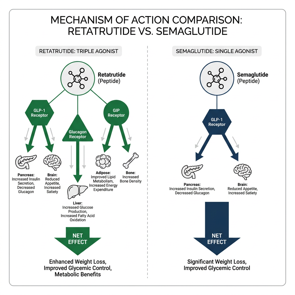 Diagram comparing triple agonist retatrutide and single agonist semaglutide mechanisms.