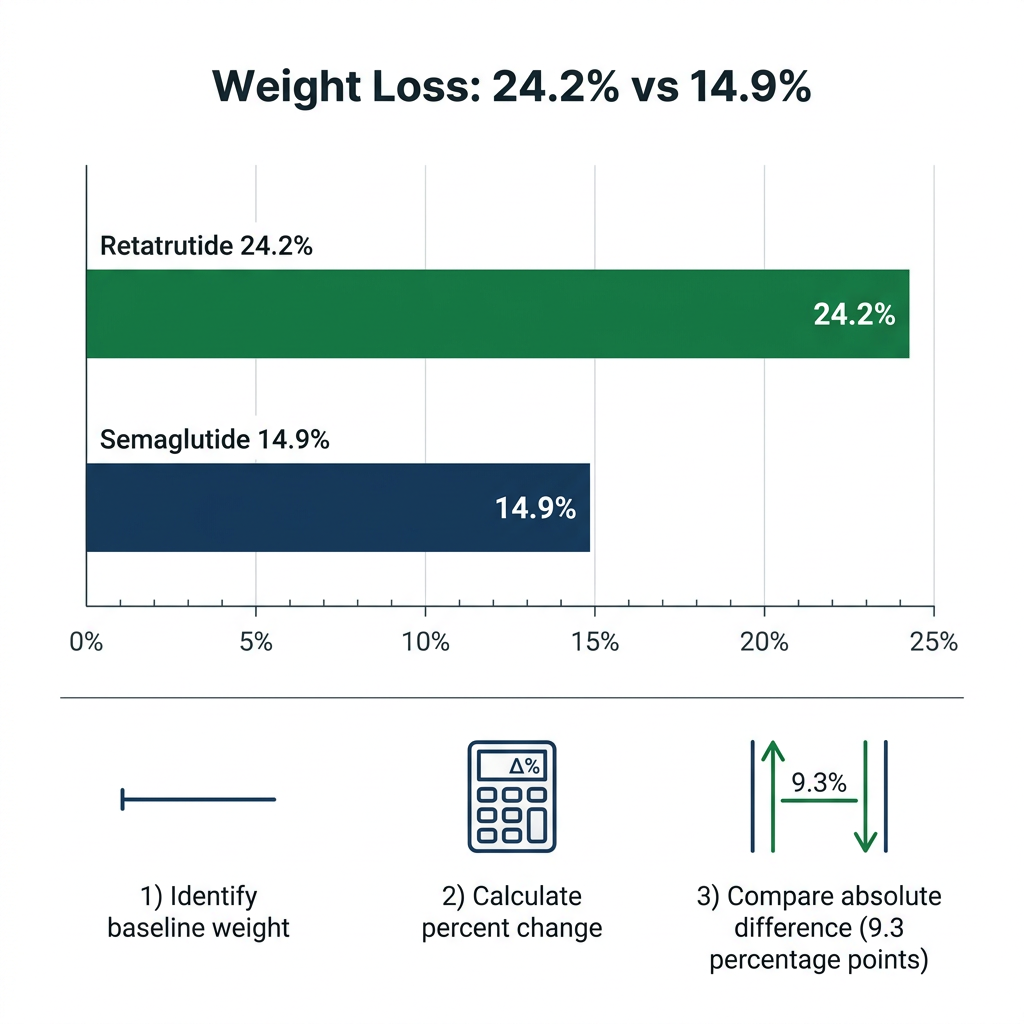 Bar chart comparing 24.2 percent retatrutide and 14.9 percent semaglutide weight loss with steps.