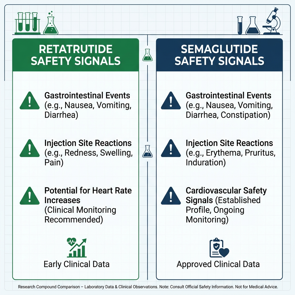 Side-by-side safety signal comparison for retatrutide and semaglutide in research.