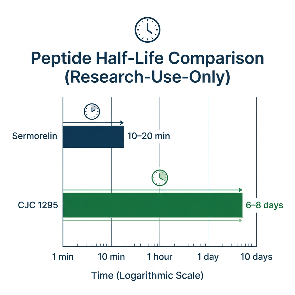 Bar chart comparing half-life of Sermorelin versus CJC 1295 with logarithmic time scale.