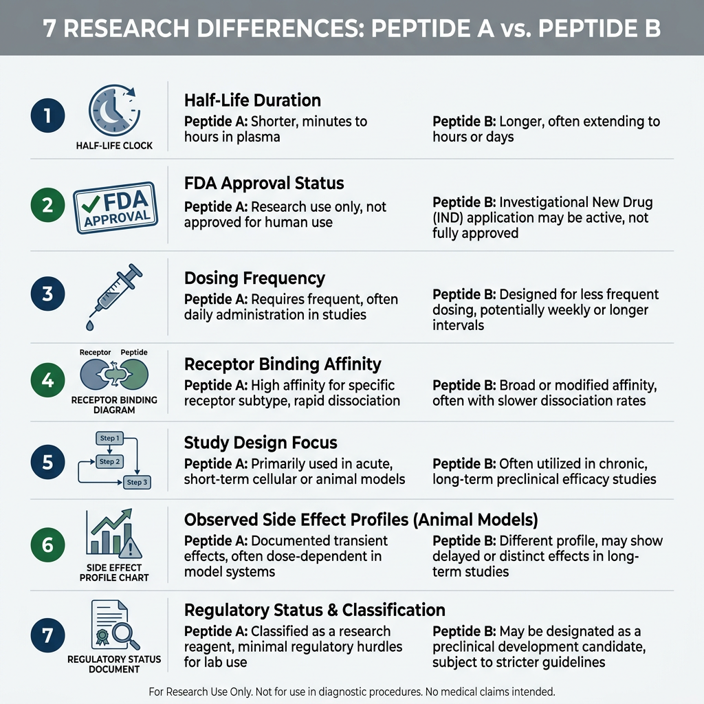 Numbered list infographic with seven icons highlighting research differences between Sermorelin and CJC 1295.