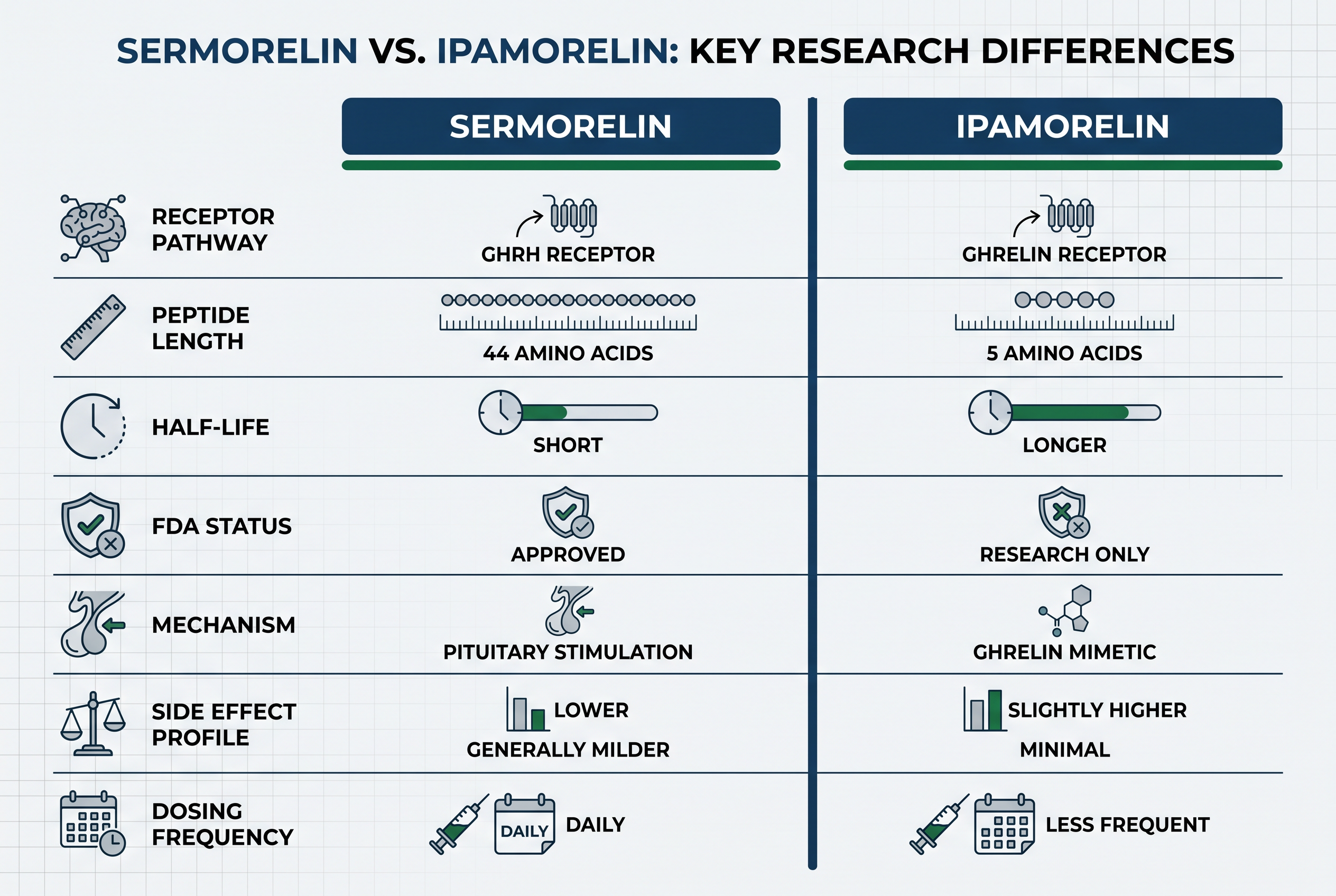 Sermorelin vs Ipamorelin: 7 Research Differences Today infographic comparing receptor pathways, peptide length, half-life, and FDA status.