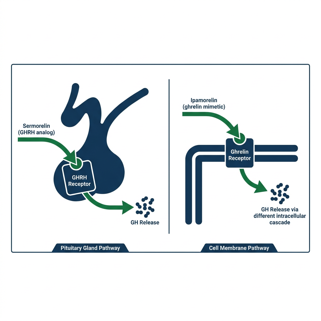 Scientific diagram comparing Sermorelin GHRH receptor pathway and Ipamorelin ghrelin receptor pathway for growth hormone release.