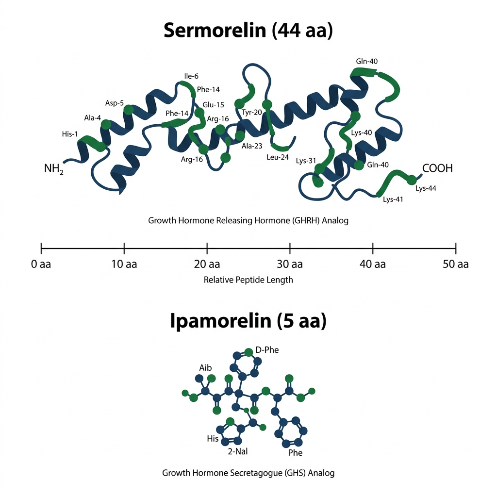 Molecular structure comparison of Sermorelin 44-amino-acid peptide and Ipamorelin 5-amino-acid peptide with length scale.