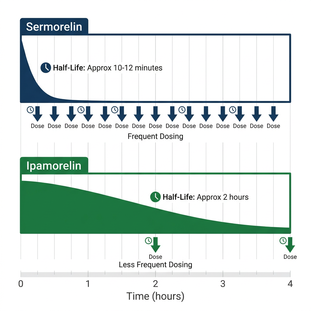 Bar chart comparing Sermorelin short half-life and Ipamorelin longer half-life with dosing frequency timeline.