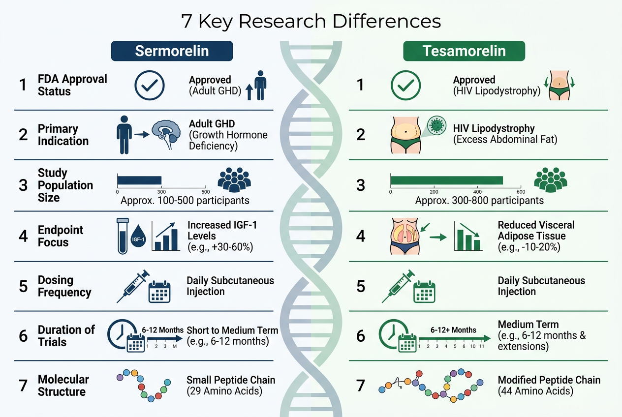 Sermorelin vs Tesamorelin: 7 Research Differences Now infographic comparing seven key research parameters side by side.