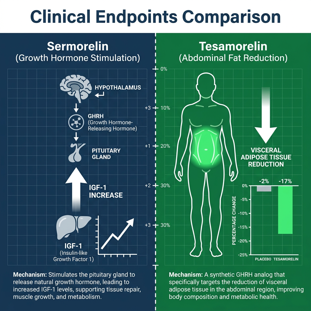 Clinical endpoints diagram comparing IGF-1 increase for Sermorelin and visceral fat reduction for Tesamorelin.