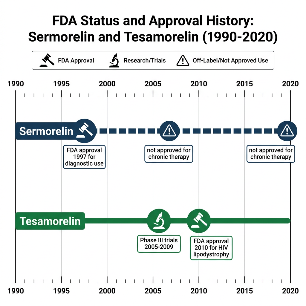 FDA approval timeline comparing Sermorelin diagnostic approval and Tesamorelin HIV lipodystrophy approval.