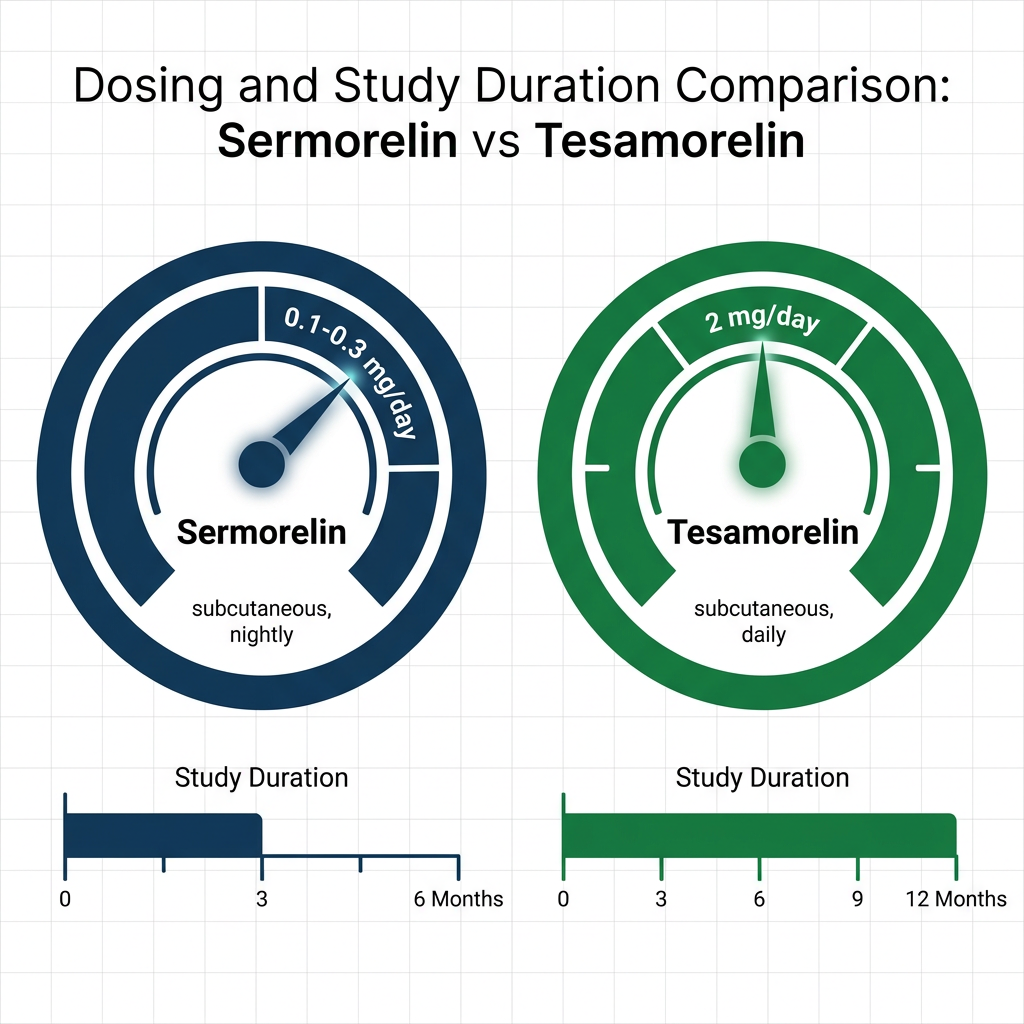 Dosing gauge and study duration bar chart comparing Sermorelin 0.1-0.3 mg daily and Tesamorelin 2 mg daily.