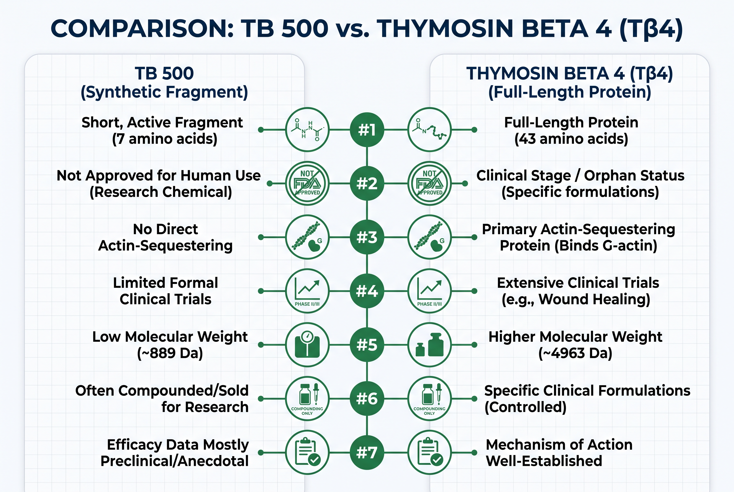 TB 500 vs Thymosin Beta 4: 7 Research Differences Today infographic showing seven key comparison points in navy and green.