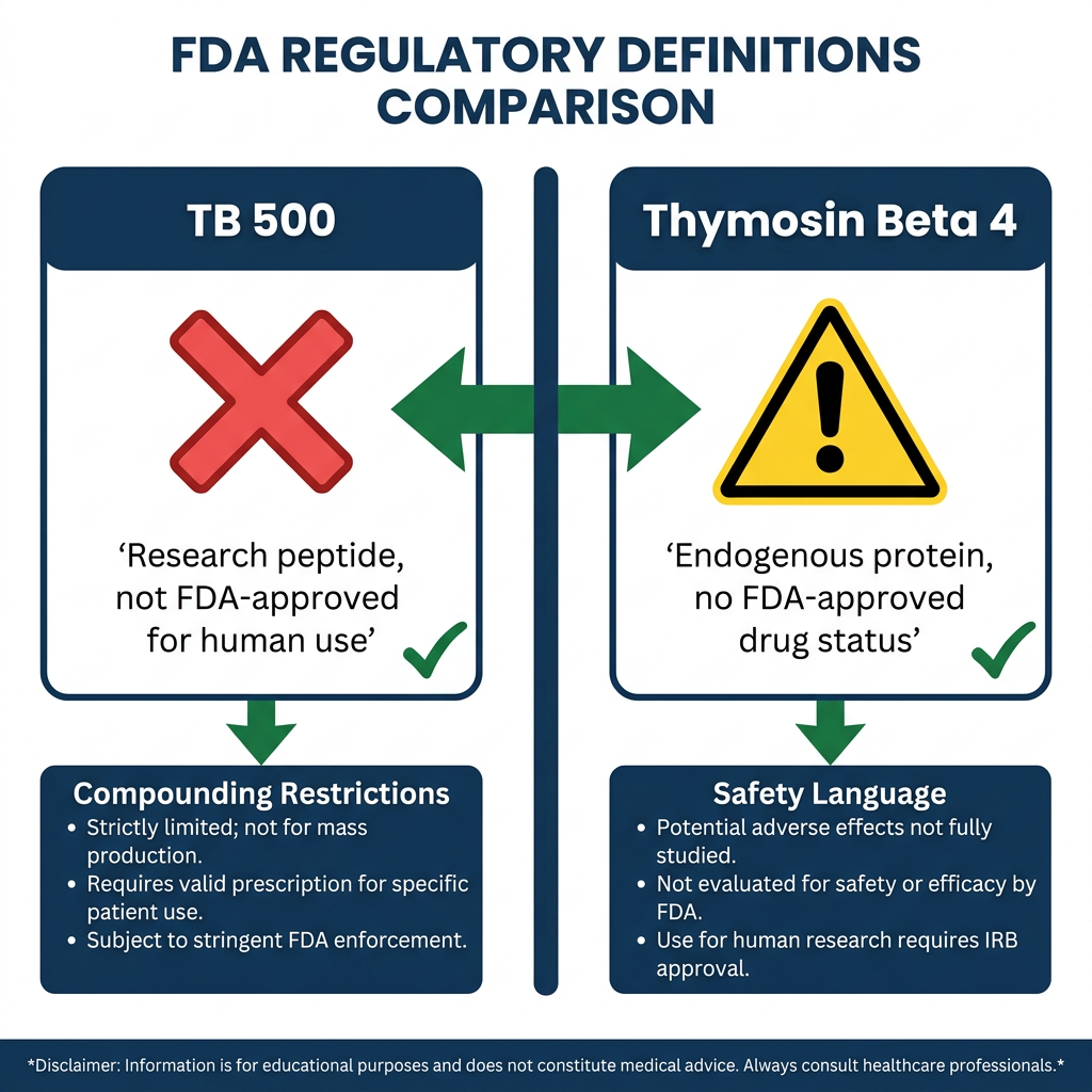 FDA definition comparison infographic for TB 500 versus Thymosin Beta 4 with regulatory status icons.
