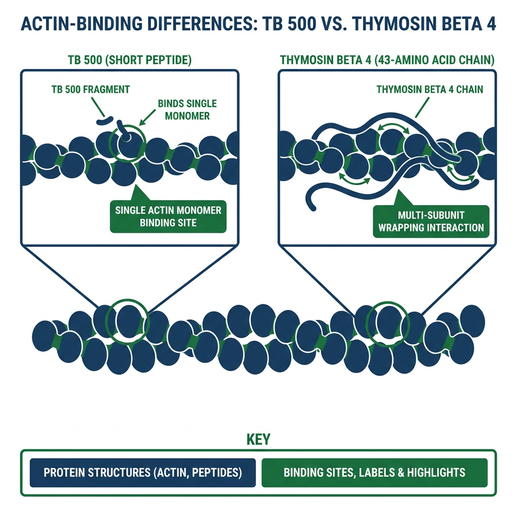 Actin-binding mechanism infographic comparing TB 500 fragment and Thymosin Beta 4 full sequence on actin filament.