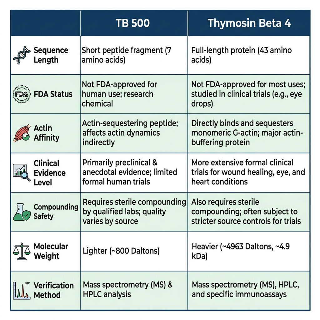 Side-by-side table infographic comparing TB 500 and Thymosin Beta 4 across seven research difference categories.
