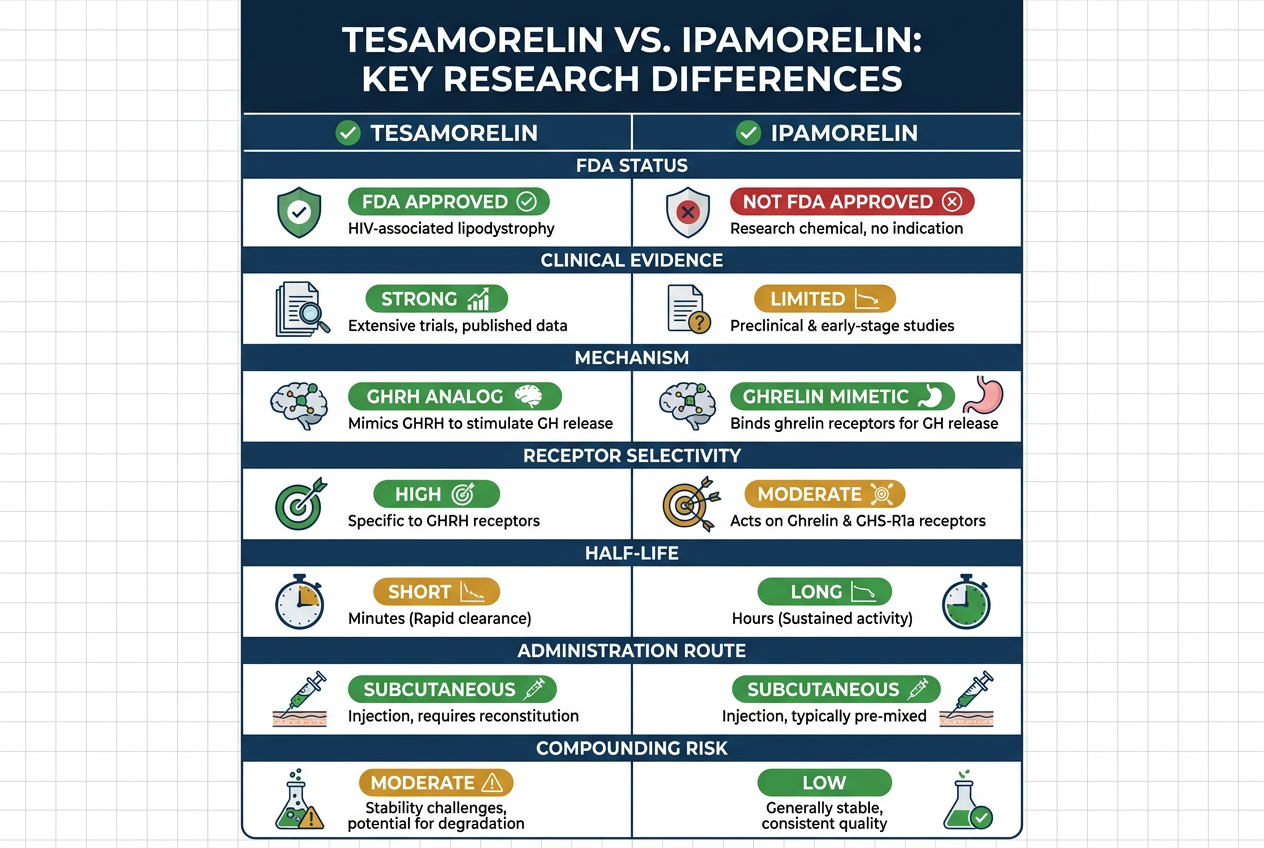 Infographic comparing Tesamorelin vs Ipamorelin: 7 Research Differences Today with key data points.