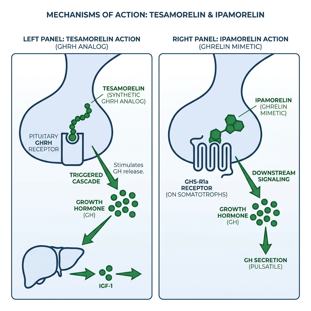 Diagram of Tesamorelin GHRH receptor pathway versus Ipamorelin ghrelin receptor pathway.
