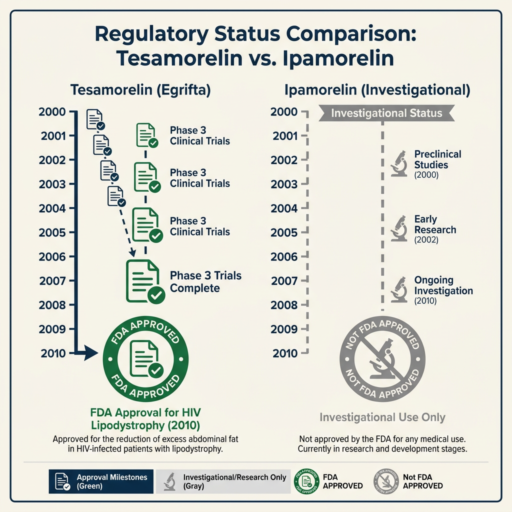 FDA approval timeline comparing Tesamorelin approved in 2010 versus Ipamorelin investigational.