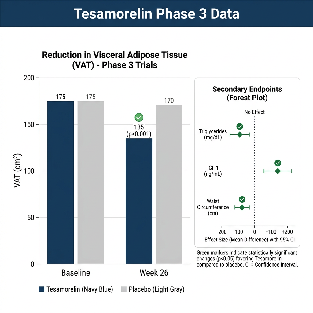 Bar chart and forest plot of Tesamorelin Phase 3 clinical trial results on visceral fat reduction.