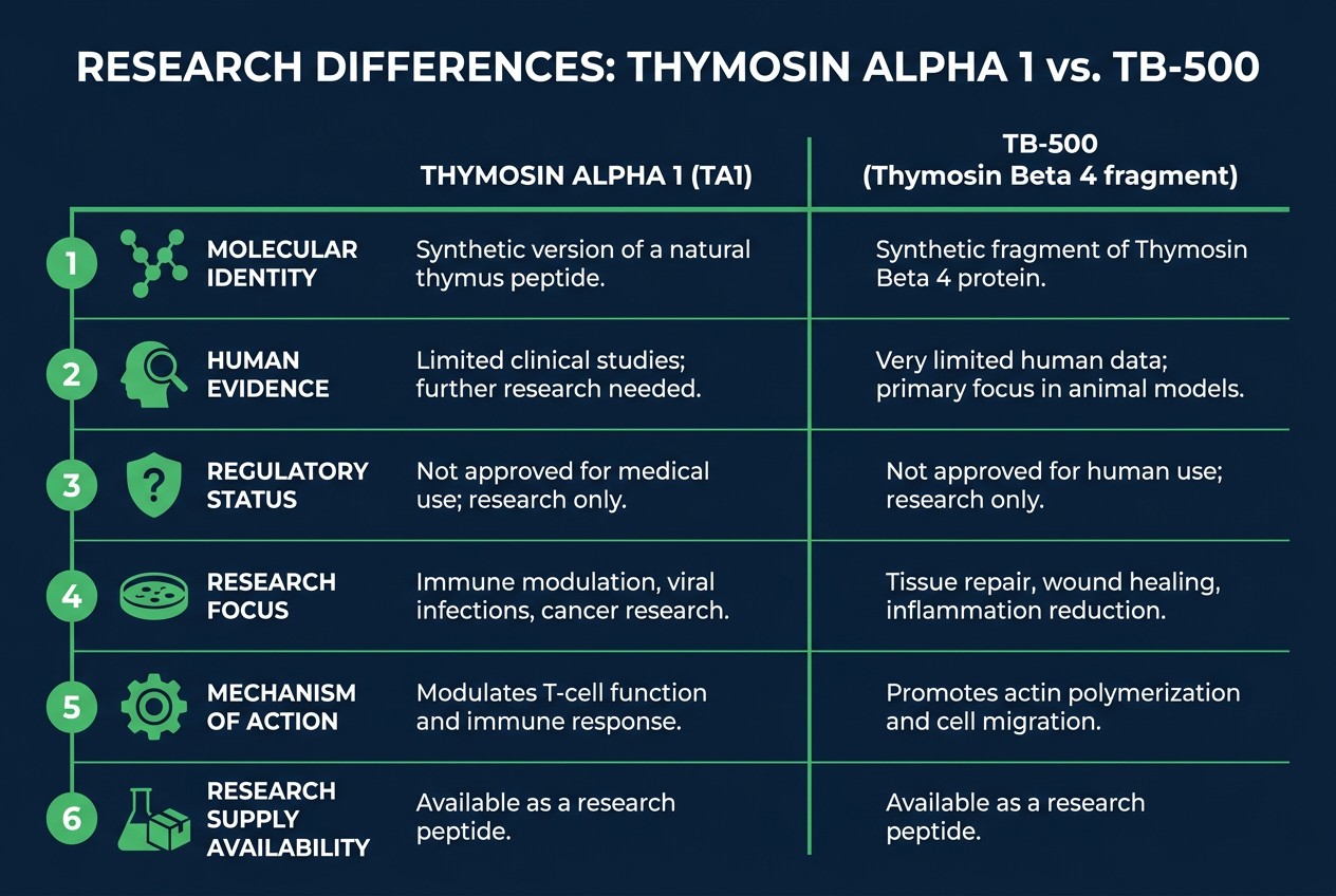 Infographic comparing six research differences between thymosin alpha 1 and TB-500 peptides.