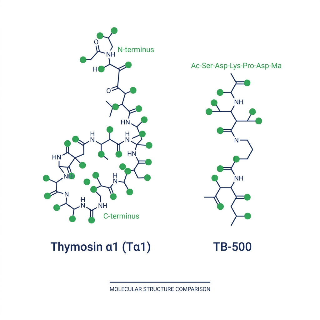 Molecular structure comparison of thymosin alpha 1 and TB-500 peptides.