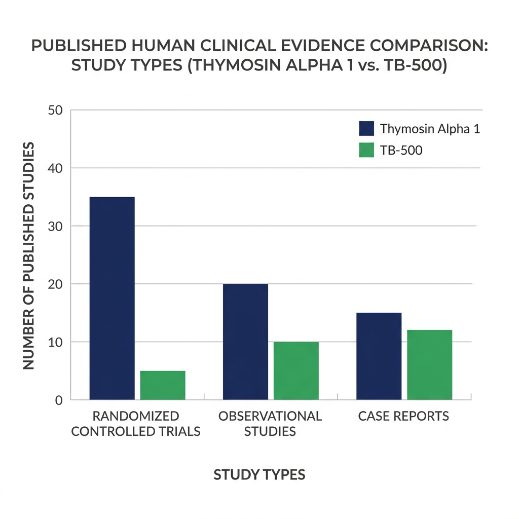 Bar chart comparing human clinical evidence levels for thymosin alpha 1 versus TB-500.